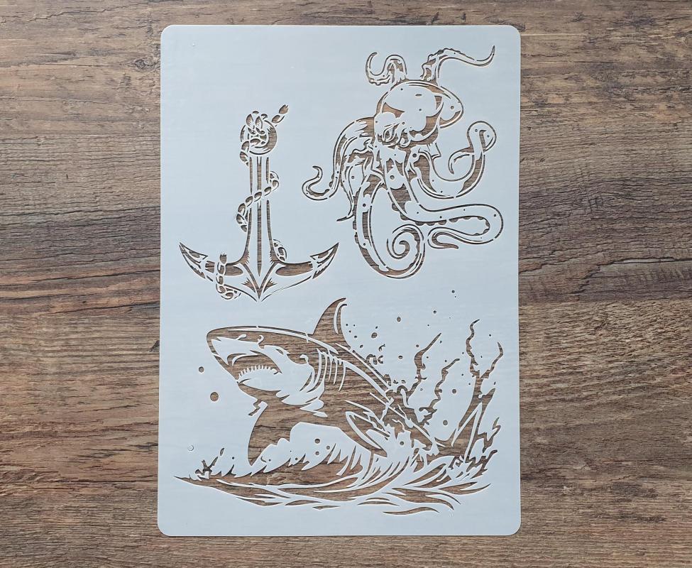 Malschablone Haifisch mit Octopus DIN A 4