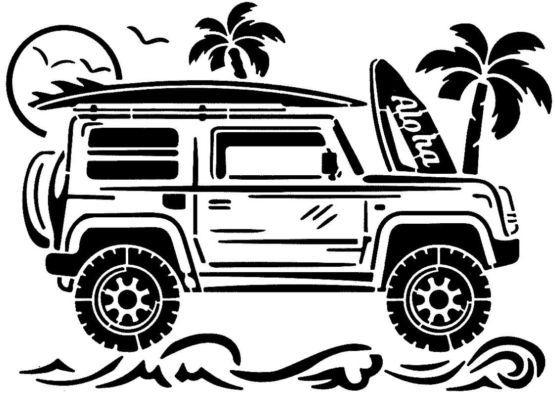 Schablone Geländewagen Camper mit Surfbrett