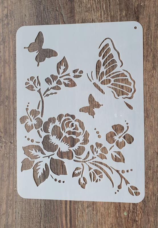 Schablone mit Rosenblüte und Schmetterlingen DIN A 4