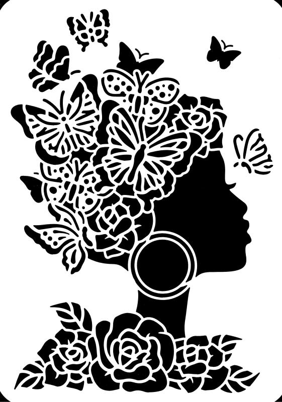Schablone mit Frauenkopf und Schmetterlingshaaren DIN A 4