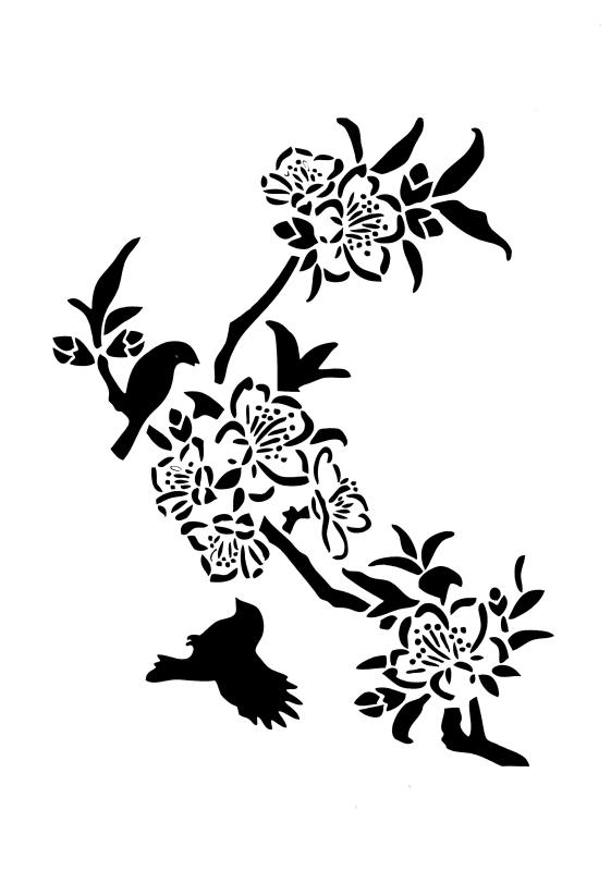 Schablone Blütenzweig mit Vögeln DIN A 4