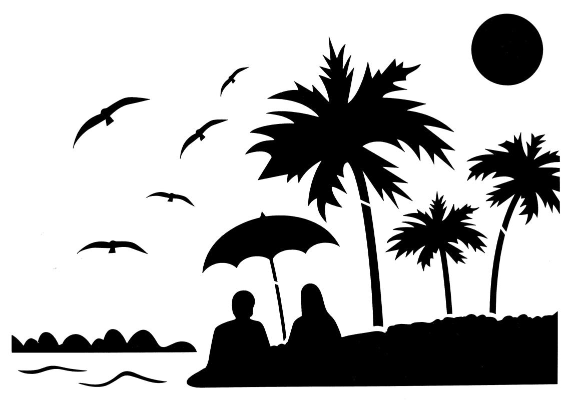 Schablone Strandleben mit Palmen und Pärchen DIN A 4