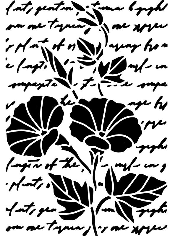Schablone mit Phantasietext in Schreibschrift und Blumen DIN A 4