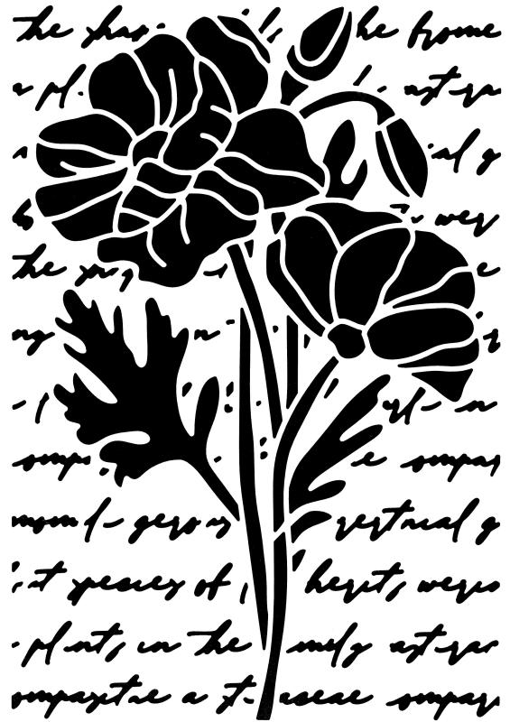 Schablone mit Phantasietext in Schreibschrift und Blüten DIN A 4