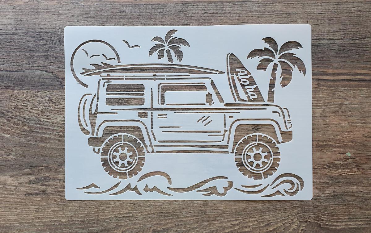 Schablone Geländewagen Camper mit Surfbrett