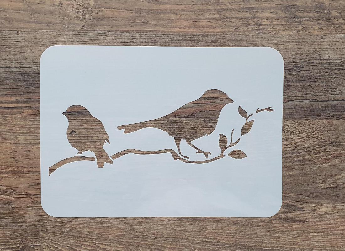 Schablone mit Blütenzweig und Vögeln DIN A 4